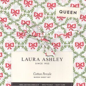 Laura Ashley Christmas BOWS & TRELLIS Cotton Sheet Set - QUEEN Size Set